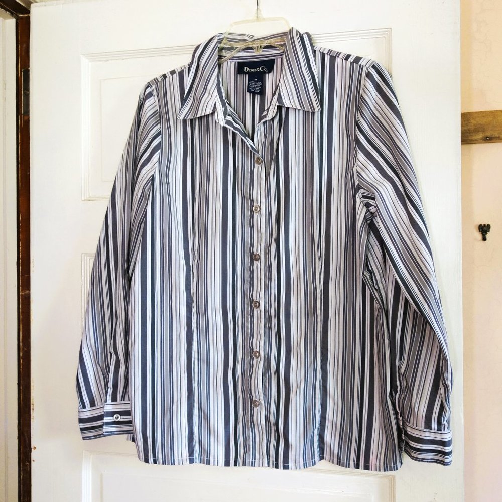 Denim & Co Gray Stripe Long Sleeve Wrinkle Resistant Blouse M